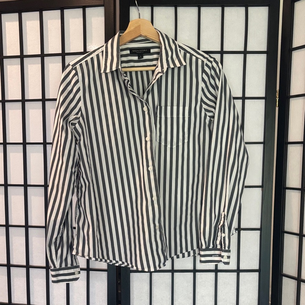Gray and White Striped Button-Up Shirt
